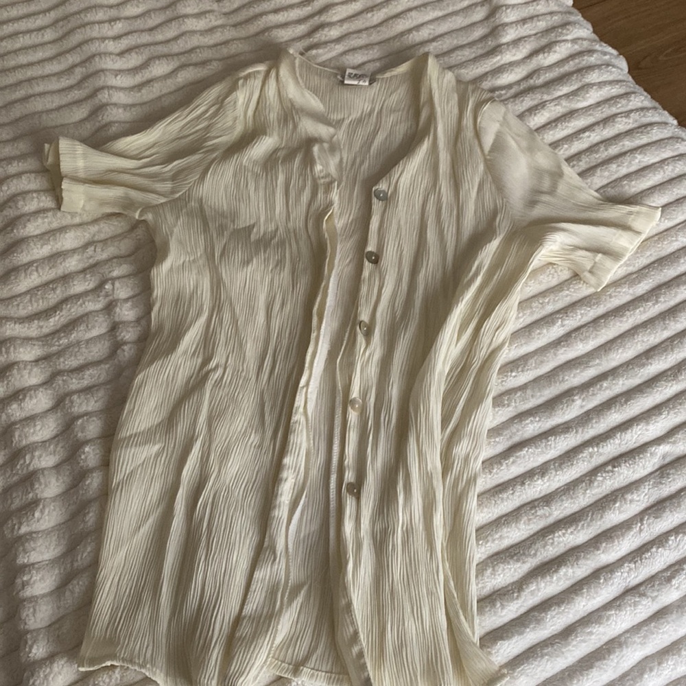 Cream Short Sleeve Textured Button Down Top